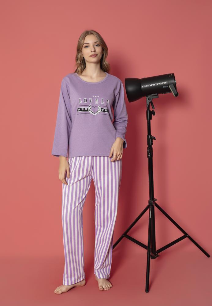 Pijama damă vătuită cu mânecă lungă și pantaloni lungi din bumbac, imprimeu Lovely, Engros